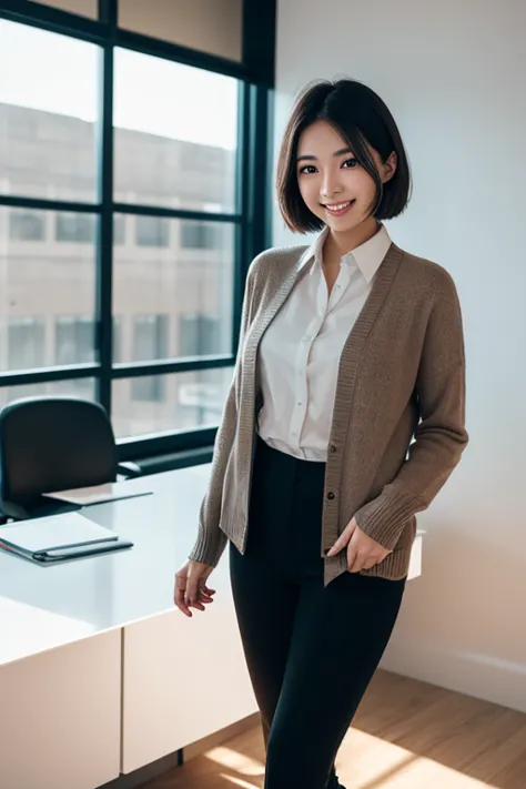 A beautiful young Asian woman with short hair, natural makeup, wearing a blouse and a cardigan. She is standing in an office, with a gentle smile on her face. The background shows a modern office setting with soft lighting. Her expression conveys warmth an...