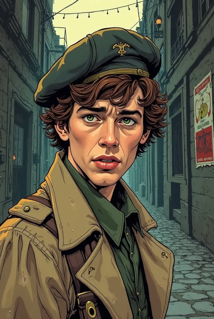 Same character as before: a 19-year-old French resistance fighter in a vintage comic book style. He has wavy brown hair, intense green eyes, and wears a worn-out trench coat with a 1940s French beret, slightly tilted. His design, clothing, and overall appe...