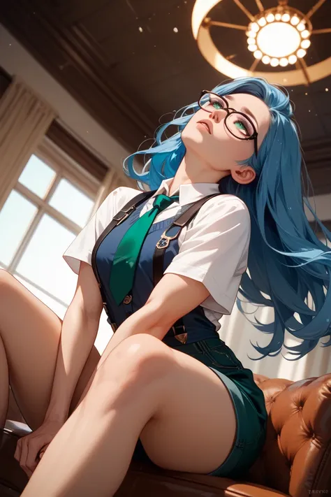 A handsome man with long hair, blue hair, shirt, suspenders, green tie, glasses, is staring at us, Ceiling background, angle looking up at man from the front, holding only female legs, NSFW, masterpiece high image quality best quality