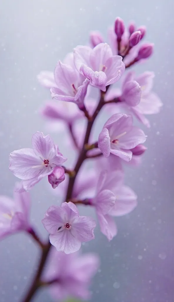 This image showcases a close-up shot of a lilac flower, focusing on a single stem with several blossoms in various stages of bloom. The flowers exhibit a delicate blend of soft purples and whites, with some buds still tightly closed, revealing a gradient o...