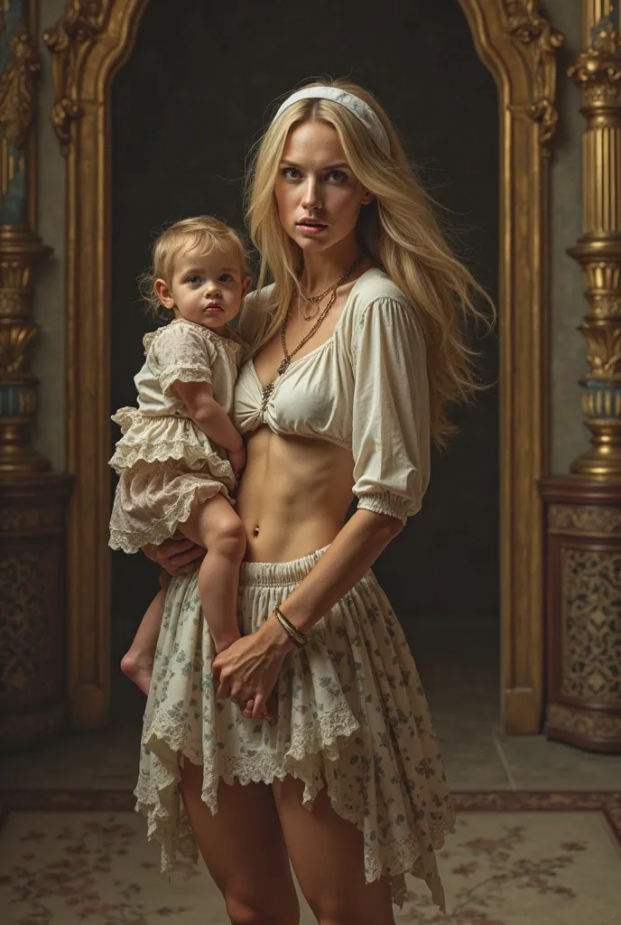 (masterpiece), perfect face, bony age nursemaid wearing a short skirt and cropped blouse, blonde hair, barefoot, abs, carrying a fully clothed Arab toddler on her hips, in a mansion