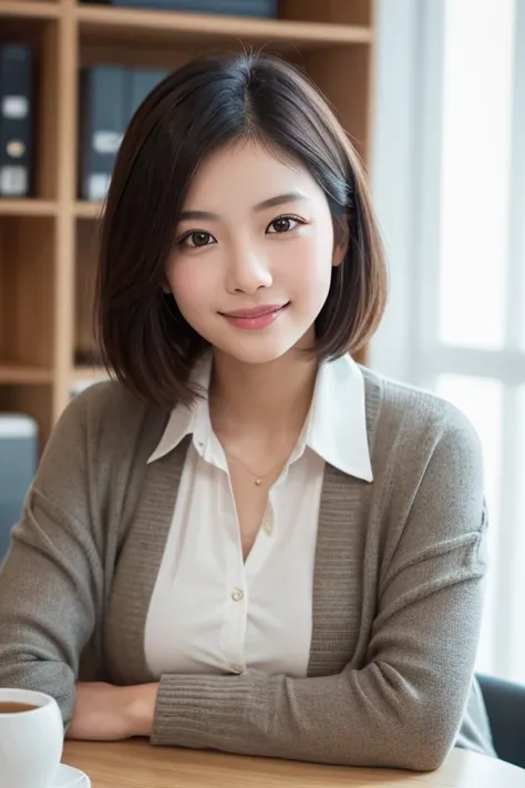 A beautiful young Asian woman with short hair, natural makeup, wearing a blouse and a cardigan. She is standing in an office, with a gentle smile on her face. The background shows a modern office setting with soft lighting. Her expression conveys warmth an...