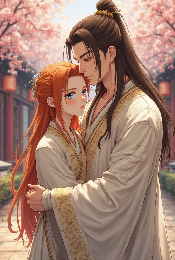 A historical scene set in pre-Imperial China with two male characters in a tender moment. One is a shorter young man with long ginger hair and blue eyes, wearing simple white and gold robes with subtle embroidery. He has a soft expression and gentle presen...