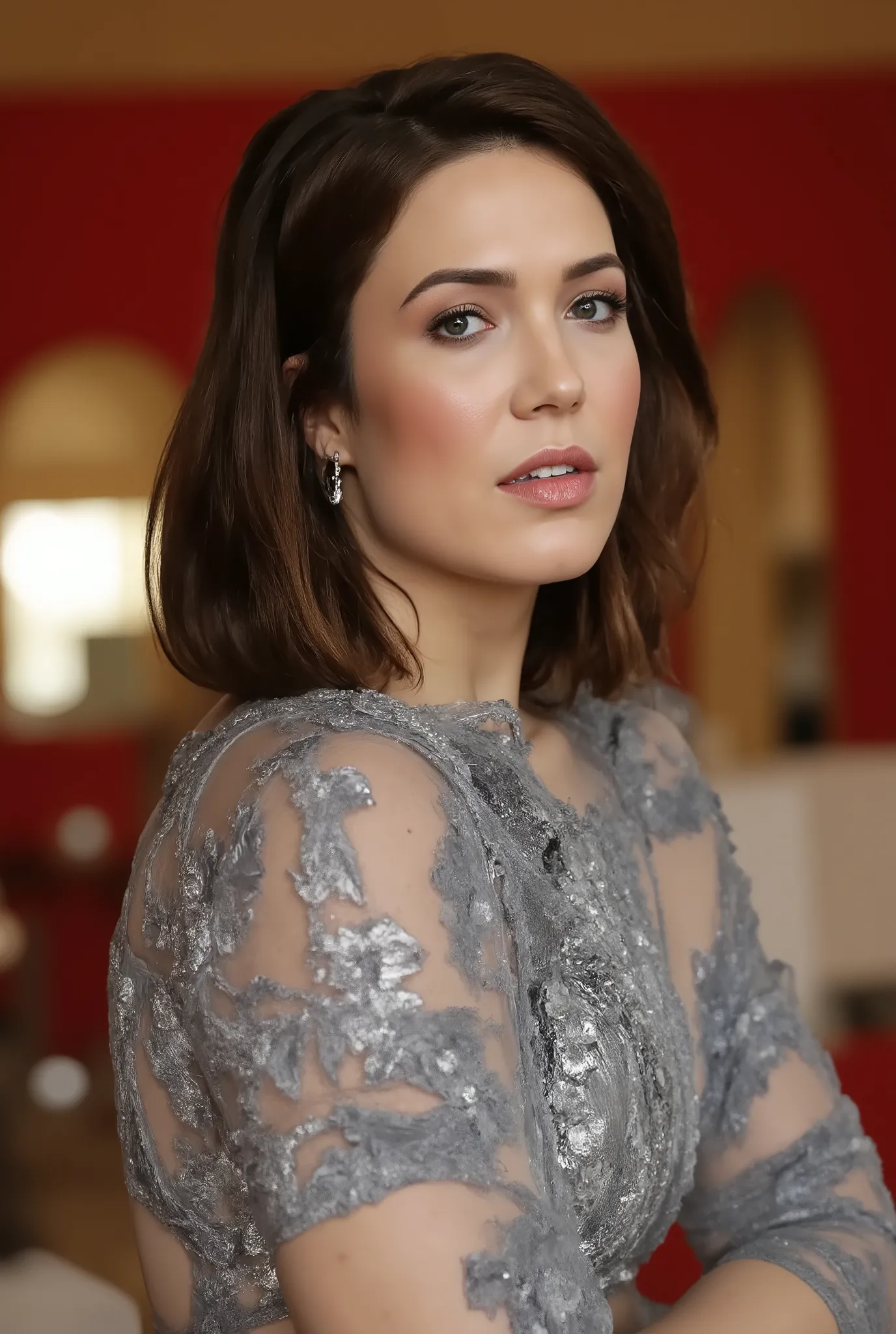 best quality, highres, 8k, masterpiece, photography, detailed midbody photorealistic portrait. Mandy Moore looks mystical and regal in a midnight blue velvet bodysuit with intricate silver embroidery, a plunging neckline, and high-cut sides. She pairs it w...