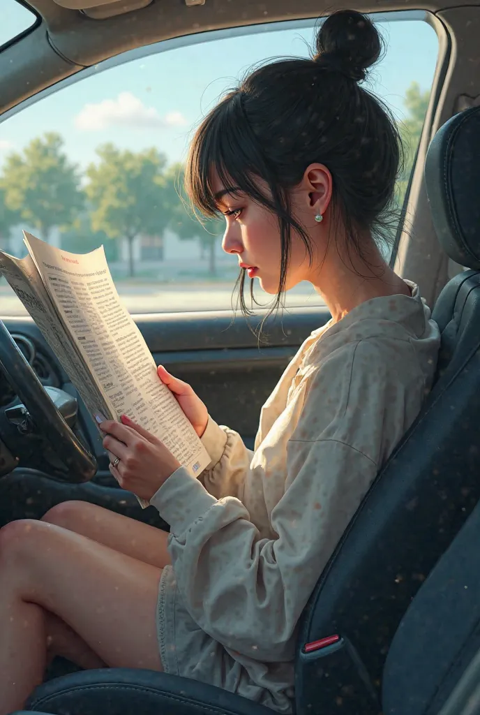 Girl reading paper in car