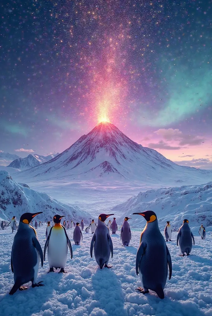 Create a visually striking image for a YouTube reel cover about the top 5 fascinating facts of Antarctica. The scene should include a group of penguins in the foreground, with a majestic erupting volcano in the background. The sky should transition from a ...