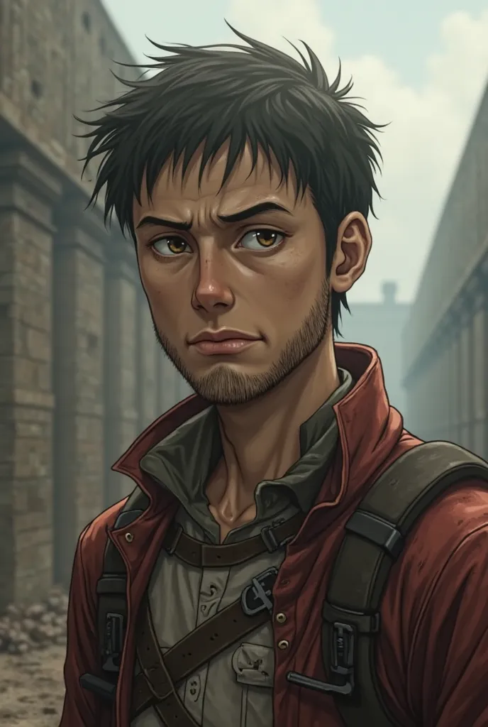 Attack on titan.Wheatish skin, slim, oval face, thick beard, short hair, light brown eyes, big nose, sleepy eyes, thick eyebrows, big forehead, boy