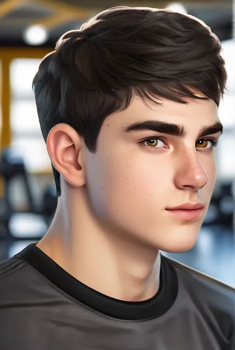 Portrait of a handsome 17-year-old male ager with short black hair, white skin and brown eyes, has a Greek-type nose and a little big and an oval face with an athletic physique in the gym. 