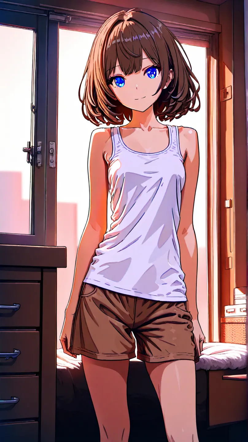 1 fourteen girl,short brown hair,blue eyes,small breasts,


 ,at morning,in room,




,from front, feet out of frame,

smiling,standing,looking at viewer,,wearing white tank top brown shorts,

best quality, best quality,ultra detailed,high resolution,super...