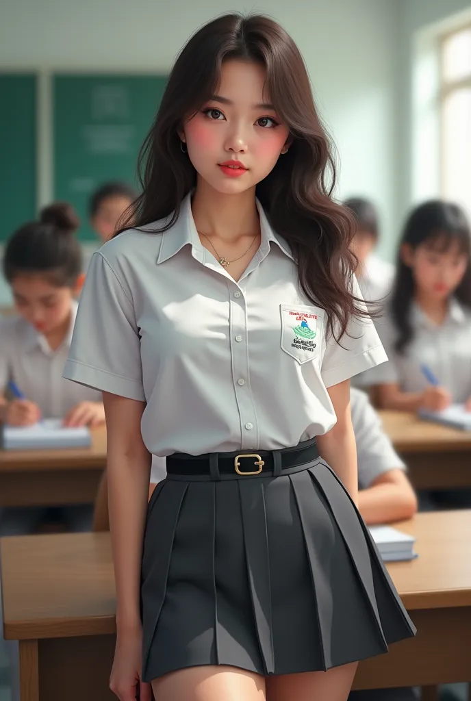 beautiful student Indonesia girl,wavy hair,stocky body,extreme big breasts like big balloons,wearing a white shirt and in pocket there is a school student council symbol,dark gray short skirt,black belt and white shoes,sitting on the back school table.clas...