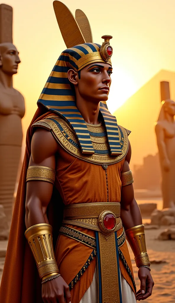 Ramesses II, the legendary pharaoh of Ancient Egypt, portrayed in royal costumes with a golden crown encrusted with precious jewels. His expression reflects authority and immortality, with determined eyes and majestic posture. He is positioned before a col...