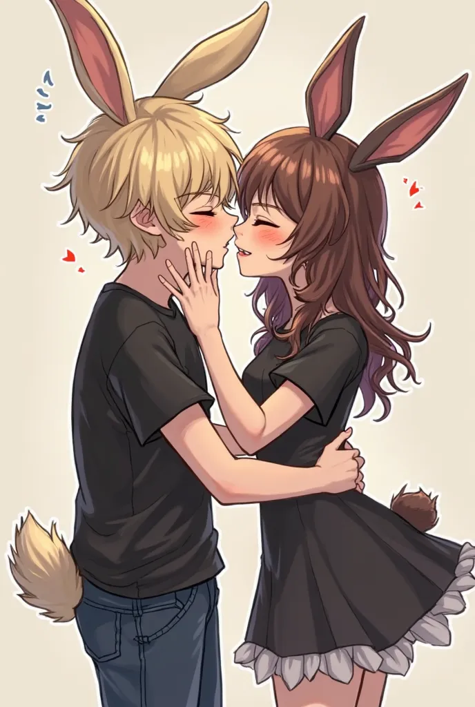 Bunny boy give kiss to bunny girl face, bunny girl make  angry ,  they are dressed up human cloths, boys have black tshirt, and jeans. Girl have black cloths, blonde and brown hair, girl bunny be angry a bit. Fantasy style be. They are be anime style,