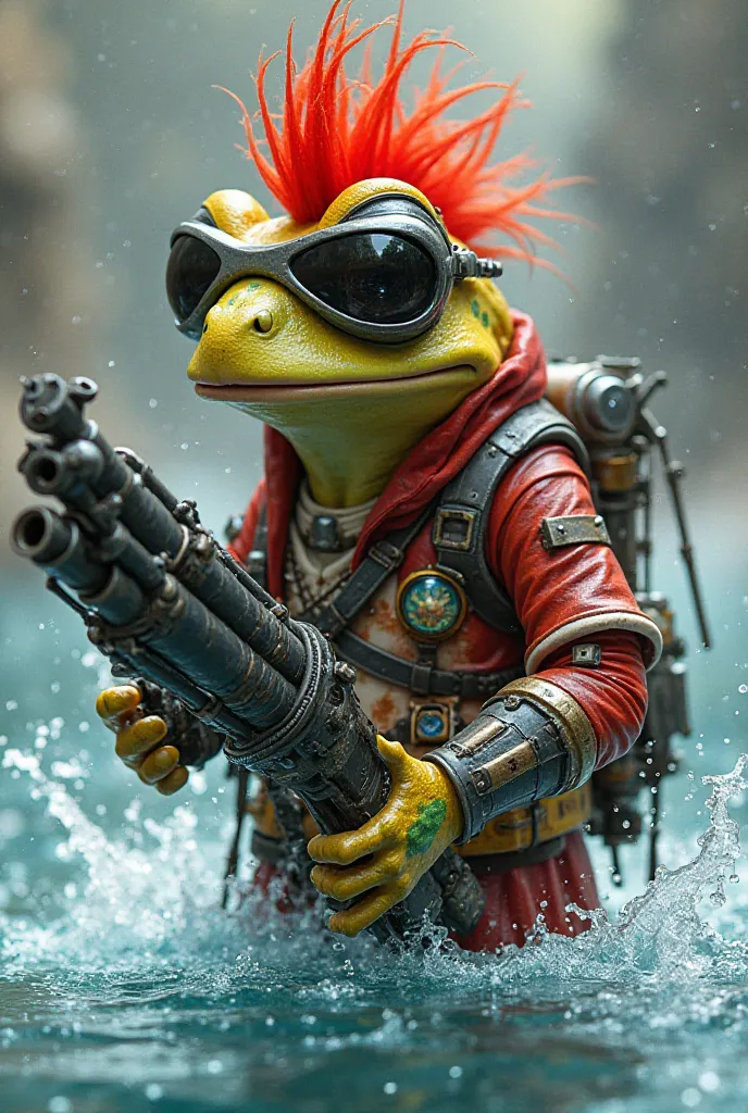 "Cyberpunk warrior frog with red mohawk and shiny dark glasses. Yellowish skin with green patches,  wide-mouthed . Wears red and white clothing with a gold belt. Hold a biotechnology weapon with organic design and triple pipes. Blue water waves float aroun...