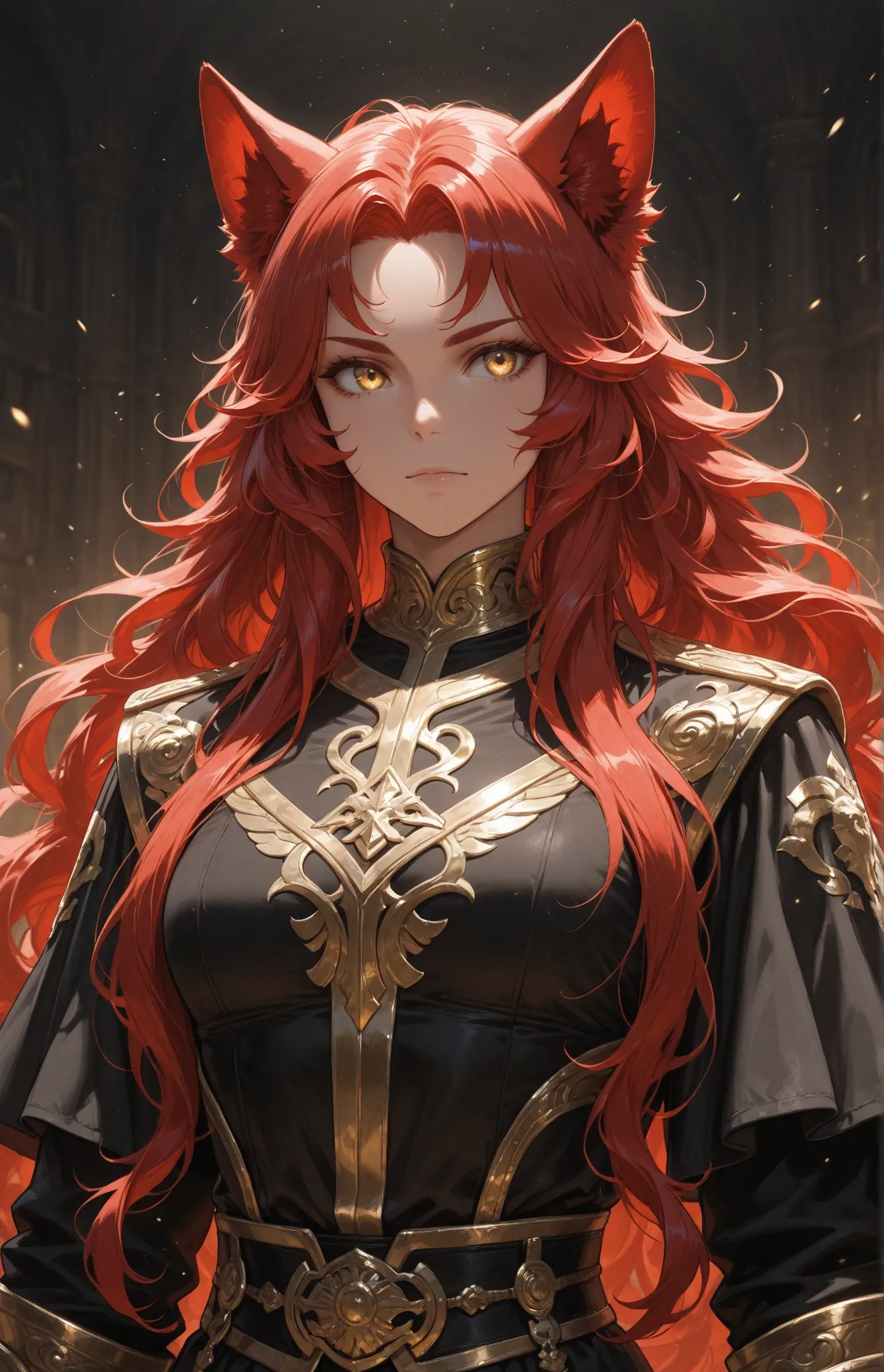 long red hair，curls，strong，Handsome，golden eyes，Noble clothing， Beast Ears Girl ，beauties， dog ear，upper body