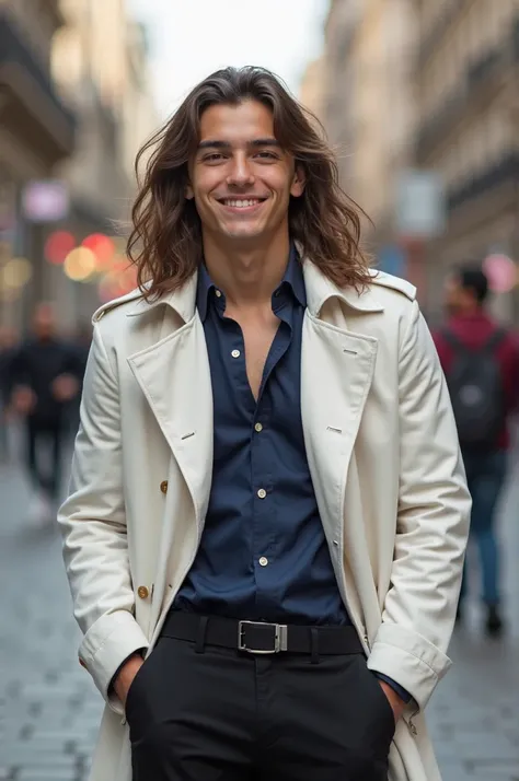 best quality, 20 years old, city, white trench coat, navy blue shirt, and black pants, long brown hair, brown eyes, normal lips and nose, white blond skin, Mexican boy, charismatic, happy.