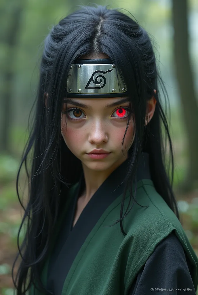 A 16-year-old woman wearing a konoha bandana with the Mangyeko Sharingan in her right eye 