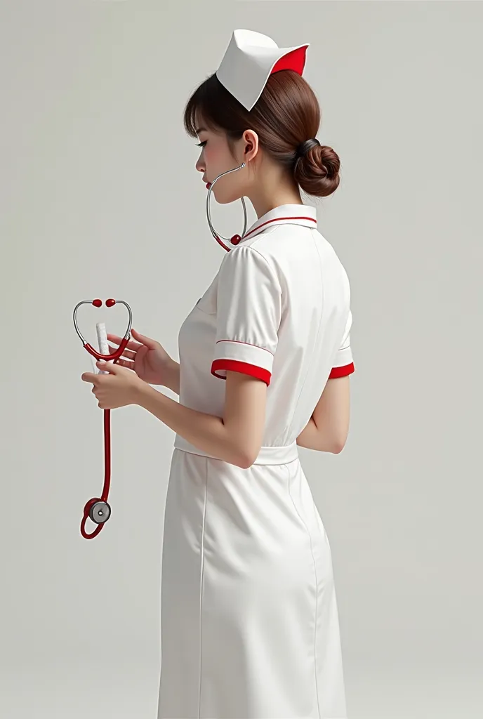 Generate a full-body image that is very realistic. The girl has to stand with her back in the image. The image is of a girl with a thin white complexion.  is dressed as a nurse, a white dress with red edges and the white cap with red edges. Her hair is bro...