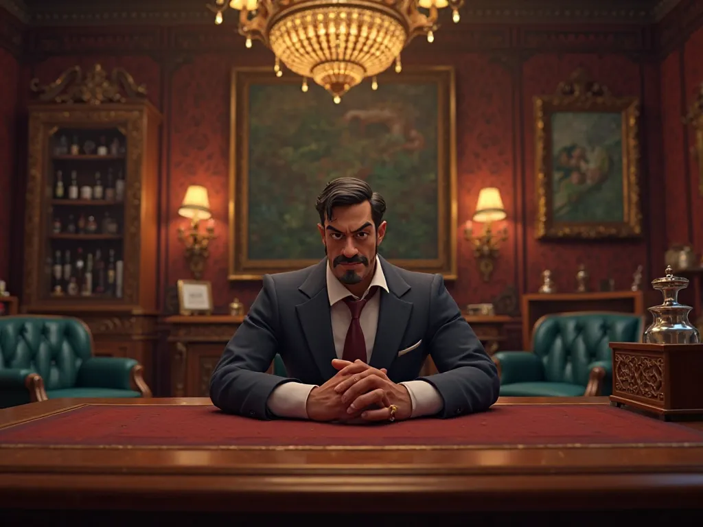 "A dark, luxurious office, where Vinay Mehra is sitting behind a large wooden desk. His fingers are moving on a gold ring, and greed is seen in his eyes.,3D cartoon animation