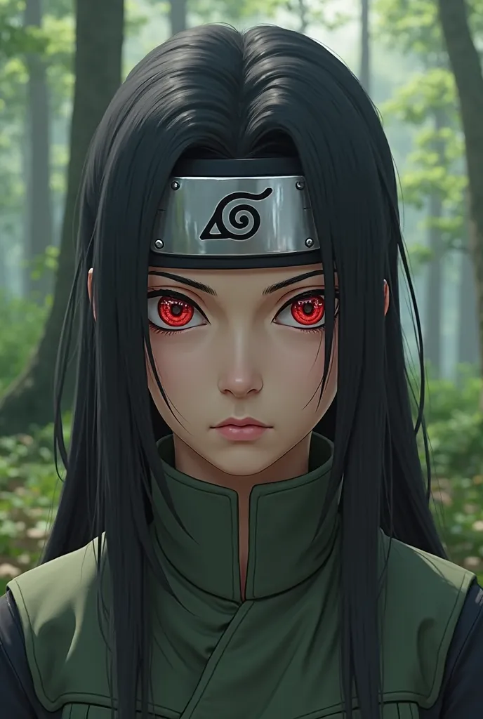 A 16-year-old woman wearing a konoha bandana with the Mangyeko Sharingan in her right eye 