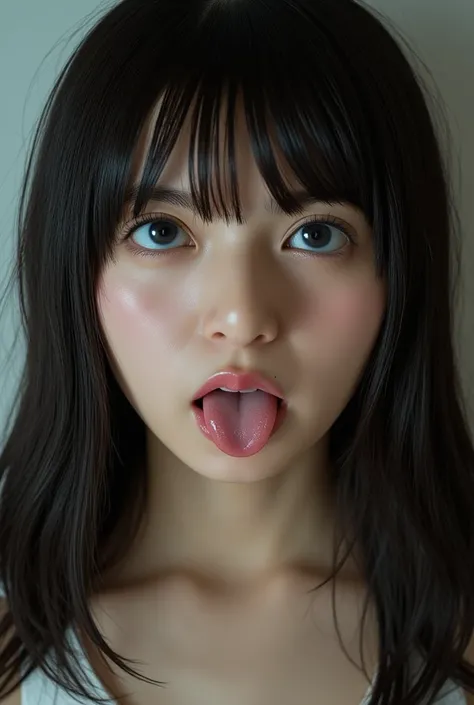 Photorealistic, 8k, 1 girl, Japanese, slightly damp black hair, long hair, low twin tails, face close-up, mouth wide open, wet tongue showing, just the right length of erotic tongue, cute face, pretty woman, photo taken from above by the viewer,