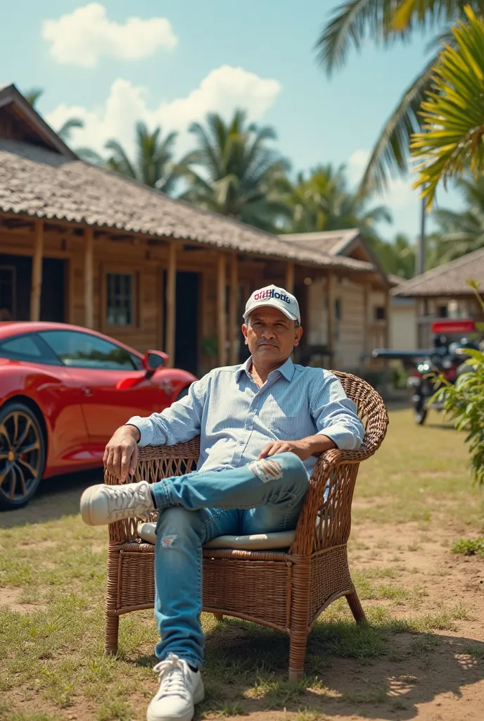 Indonesian man wearing dhegol baseball cap wearing ripped jeans wearing sneakers sitting on patio chair once simple house made of bamboo appears to be seen red Ducati Panigale motor and red Lamborghini Aventador car and private jet plane parked in the vast...