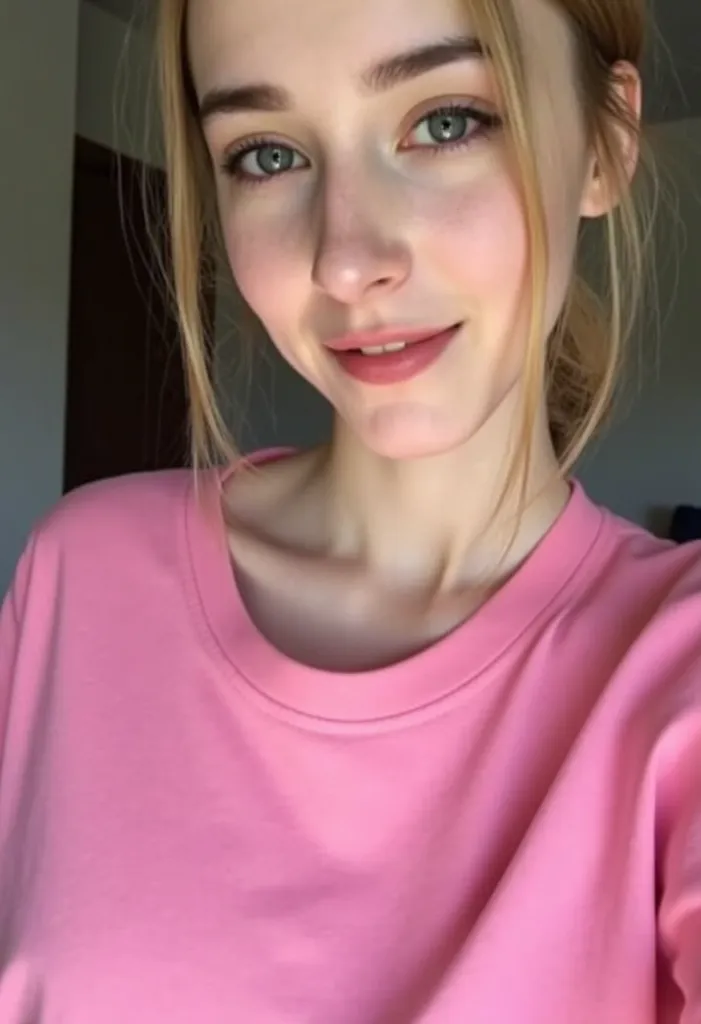 d1g1cam, amateur photo, Low-resolution photo, shot on a mobile phone, noticeable noise. young woman, late 20s casually dressed in an oversized pink T-shirt, happy expression, her blonde hair loosely tied back. Her face partially shadowed, minimal makeup vi...