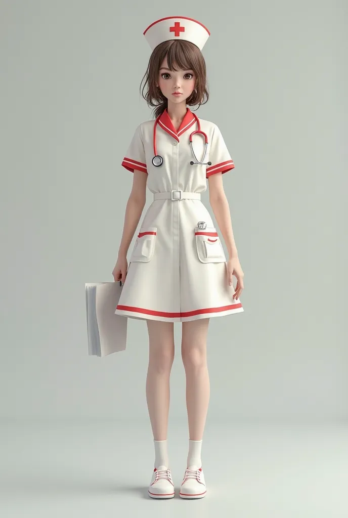 Generate a full-body image that is very realistic. The girl has to stand completely on her back in the image. The image is of a girl with a thin white complexion.  is dressed as a nurse, a white dress with red edges and the white cap with red edges and whi...