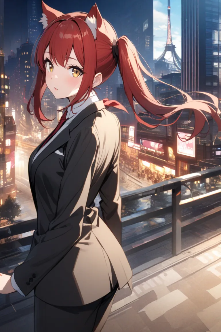 woman,solo,,Fair skin,suit,wallpaper,City, red hair ,golden eyes,ponytails for beautiful people,Cat ears　Japanese