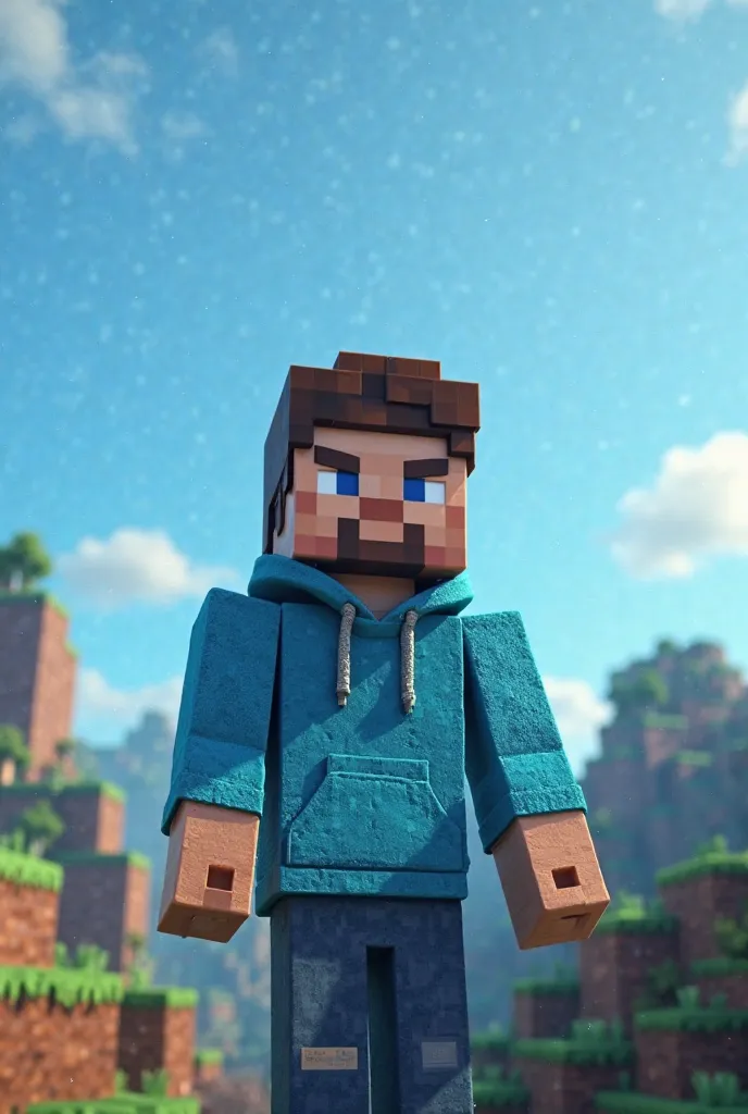 Make a minecraft youtube banner with a steve realistic sky blue the hoodie with realistic minecraft gaming background 