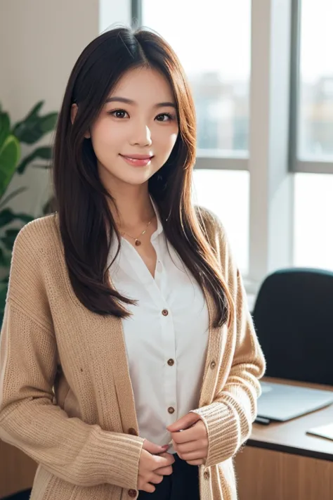 A beautiful young Asian woman with long hair, natural makeup, wearing a white blouse and a cardigan. She is standing in an office, with a gentle smile on her face. The background shows a modern office setting with soft lighting. Her expression conveys warm...