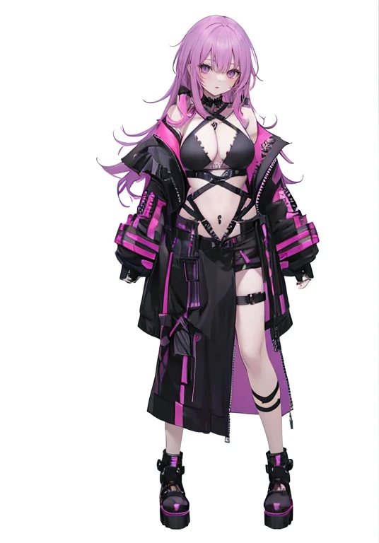 ( Cyberpunk),( gothic punk) Adult Female, alone, smile, (long hair),  purple eyes, pink eyes, ((  body harness  )), Oversized Jacket ,Setting diagram, (Simple white background),((full body))