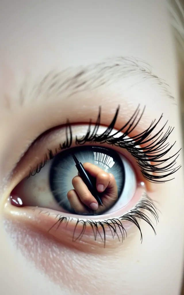 a reflection of a man's hand holding a pen, in a woman's beautiful eye with thick long lashes