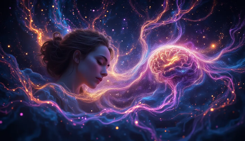 A dreamy, surrealistic artwork featuring a peaceful figure with an illuminated brain, lying on a bed that blends into the cosmic background of swirling galaxies and vibrant energy. The colors are predominantly blues and purples with glowing pink accents, c...