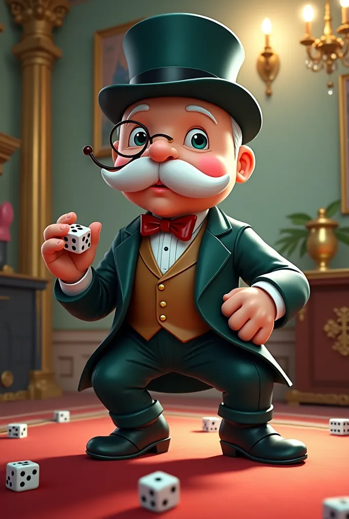 The Monopoly man standing up who rolls the dice in a stylish way