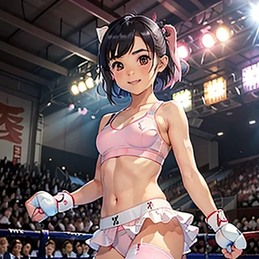 Illuminated by the colorful arena lights, cute Japanese girl fighter is walking down the aisle in the arena. (((She is raising one hand to the audience))). She has a spirited look on her face and her eyebrows are raised. She flaunts her prized shaped body ...