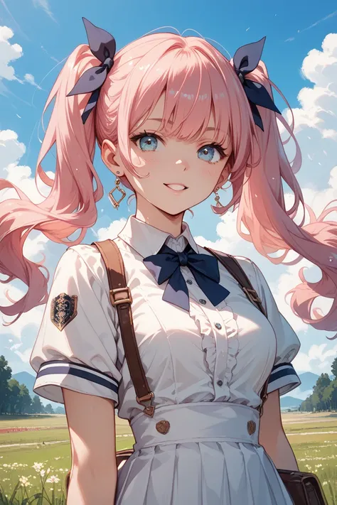 Girl with pink hair in a minefield outfit with twin tails