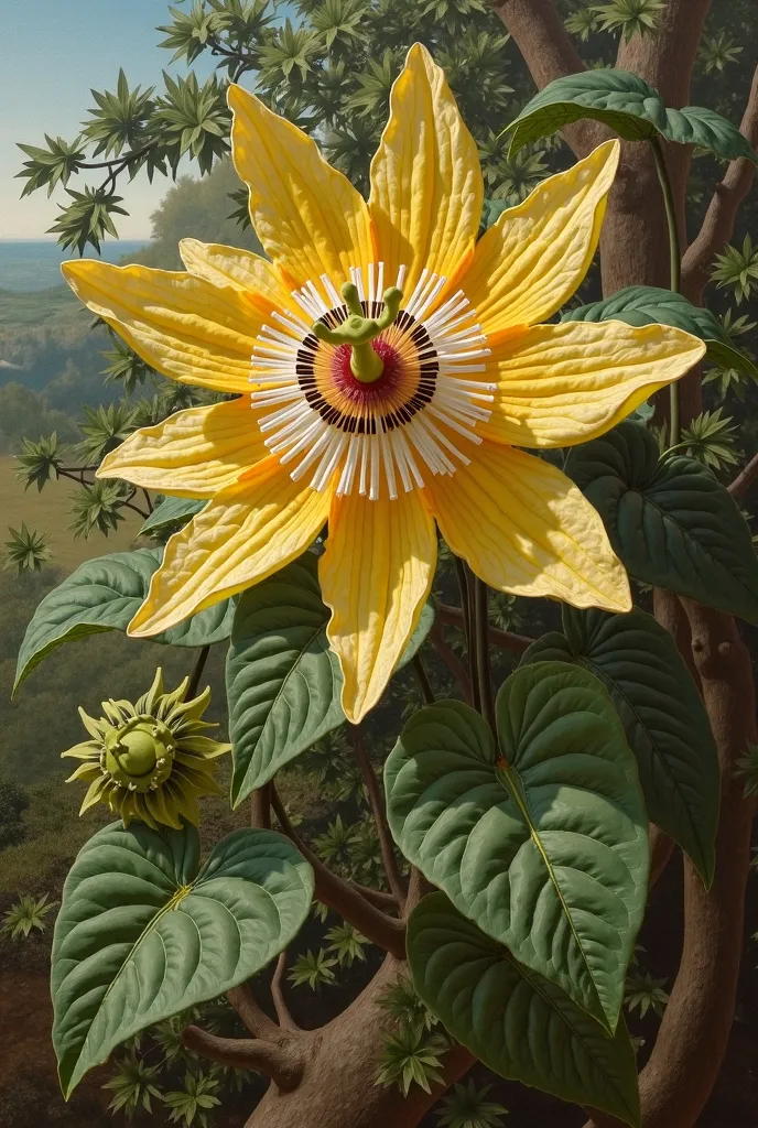 Artistic image of the Renaissance era in the style of Leonardo Da Vinci of passiflora subpeltata with white flower on the background of a meadow landscape filled with the plant in the background 