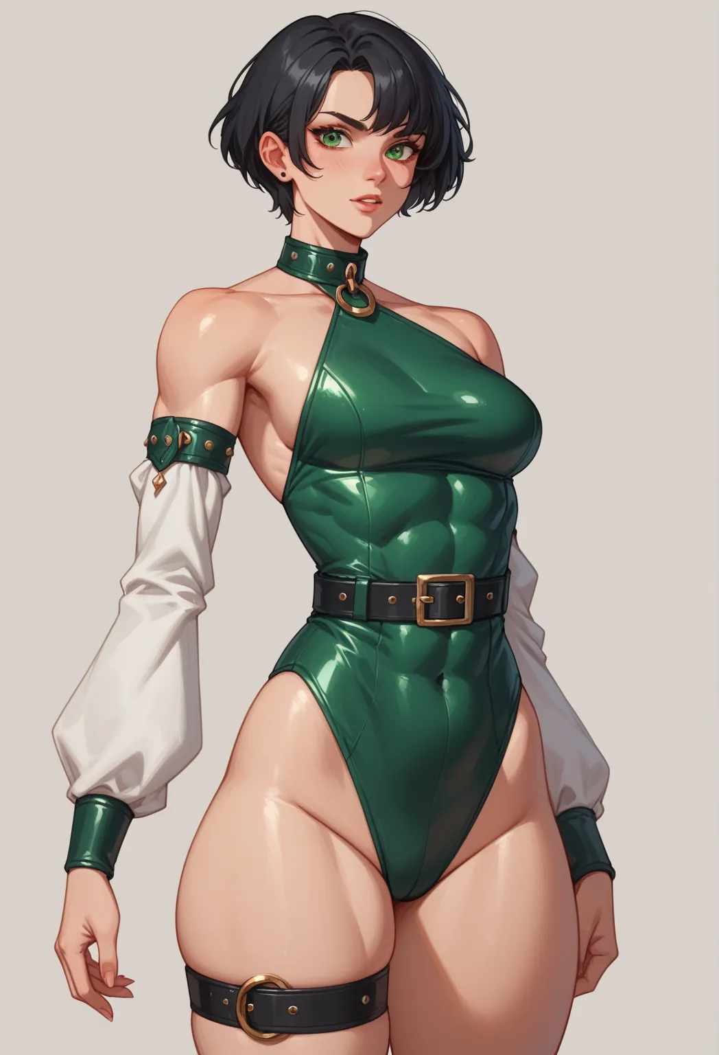 Appearance :  (A daughter of Severus Snape: (European girl, black hair, green eyes))young woman ,  muscular body ,  thick thighs,  medium breasts,  big ass,  short hair,  white skin,   delicate face Clothes: hud_b1ker, black halterneck leotard, The condomi...