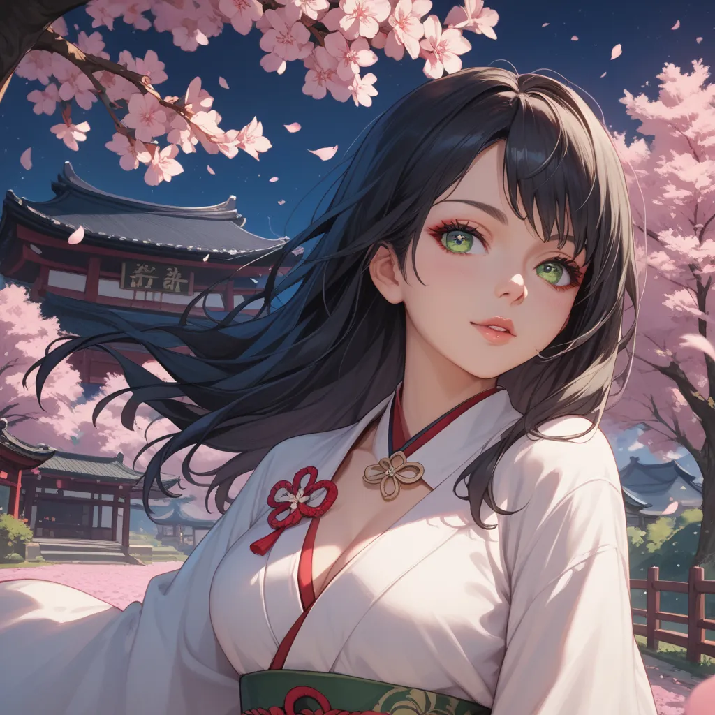 １girls with green 1 eye　anime　spring、Cherry blossom trees、 cherry blossoms at night、long black hair、fantasy　