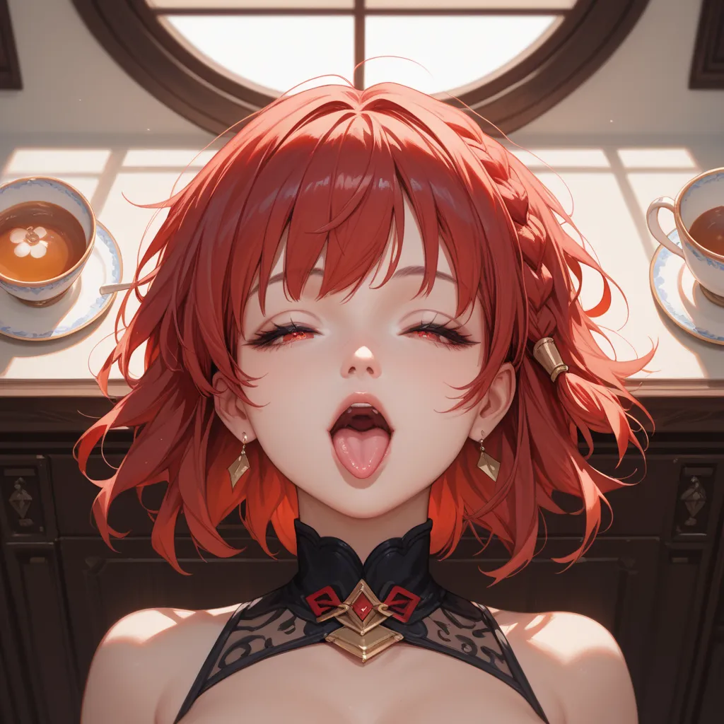  1girl ,Have tea_anri,red hair,red eyes,braid,short hair,breasts,Open your mouth, Close your eyes,  tongue, face up, breastsใหญ่, 