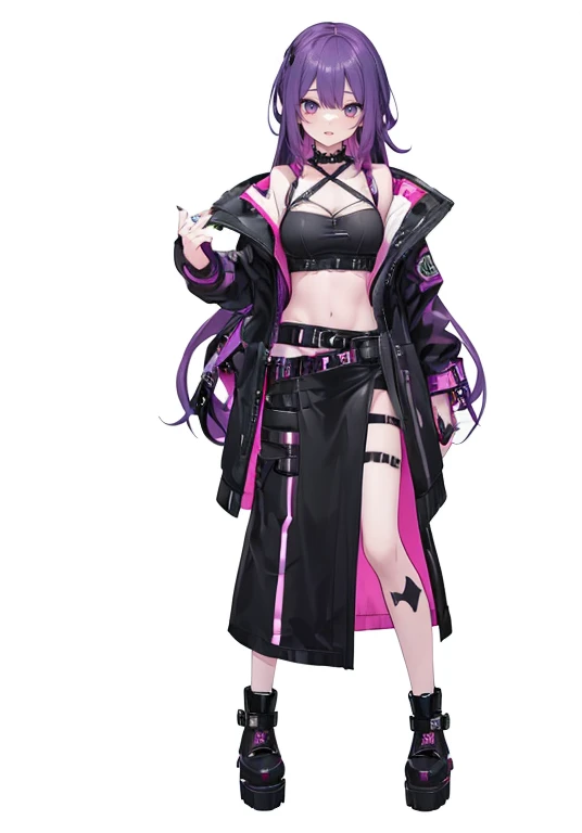 ( Cyberpunk),( gothic punk) Adult Female, alone, smile, (long hair),  purple eyes, pink eyes, ((  body harness  )), Oversized Jacket ,Setting diagram, (Simple white background),((full body))