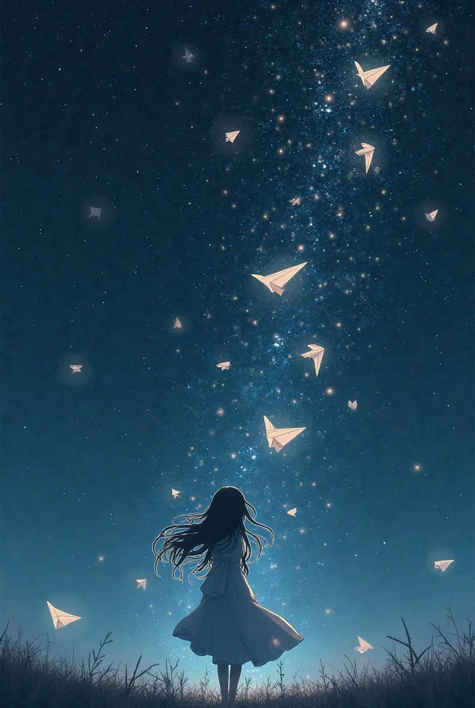 Silhouettes of long-haired girls dissipate under the starry sky，hair turns into a paper airplane flying to different cities | Shinkai Makoto Starry Sky Aesthetics | Each airplane's tail shows a different time stamp 9：16