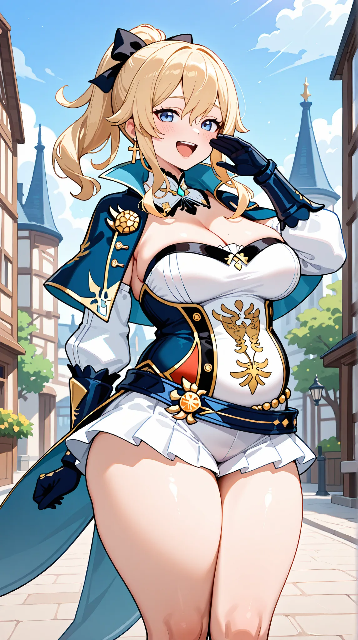   jean (genshin impact), 1girl, solo, looking at viewers, long hair, blue eyes, blonde hair, gloves, jewelry, large breasts, thick thighs, ponytail, hair bow, detached sleeves, belt, strapless, capelet, corset,  tight clothes, cross earrings,  coattails, o...