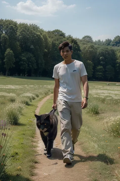 A man walks with a giant cat, towards the camera , with a meadow background, Realpict , ratio 9:16