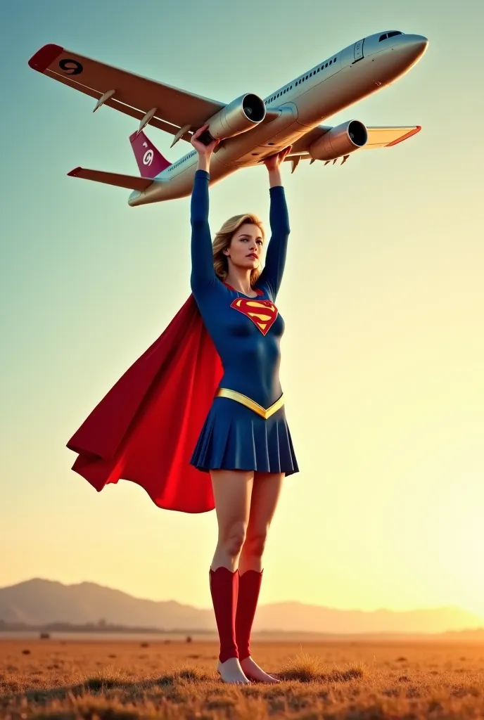 Supergirl in a tiny blue dress and red cape barefoot holding a swooped plane with both hands