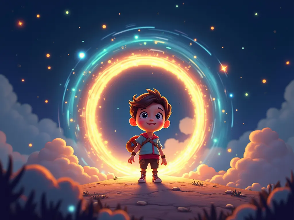 A cartoon character steps out of A glowing, magical portal opens in a dark sky, surrounded by swirling lights and sparks. The atmosphere is mystical, with soft glowing effects and a sense of wonder." looking around in awe. The character is colorful, with a...