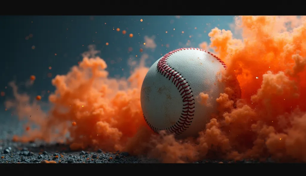 Baseball closeup in a orange smoke isolated on a dark blue background, original and creative panorama banner