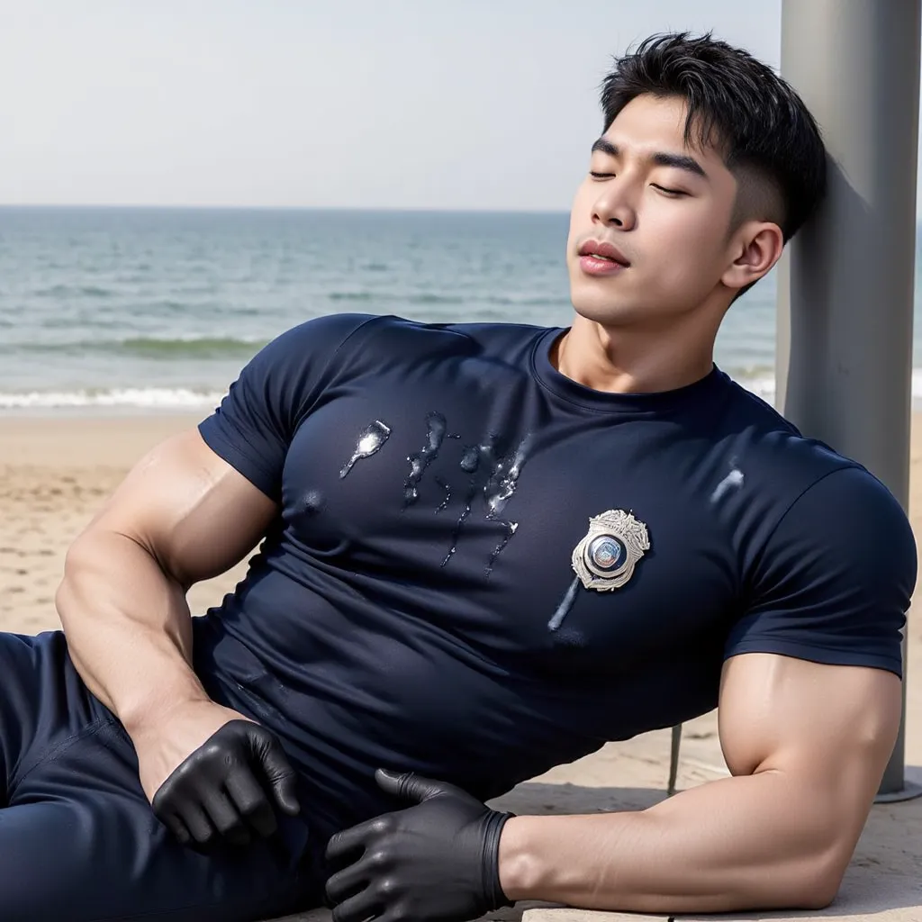 Handsome Korea bodybuilding man sleep,skinhead hair , ( There is cum all over body:1.5), (((close eyes:1.8))), lying against a pillar by the sea, short black hair, cut short, wearing a navy round neck T-shirt, ((with police badge)), (navy pants), black glo...