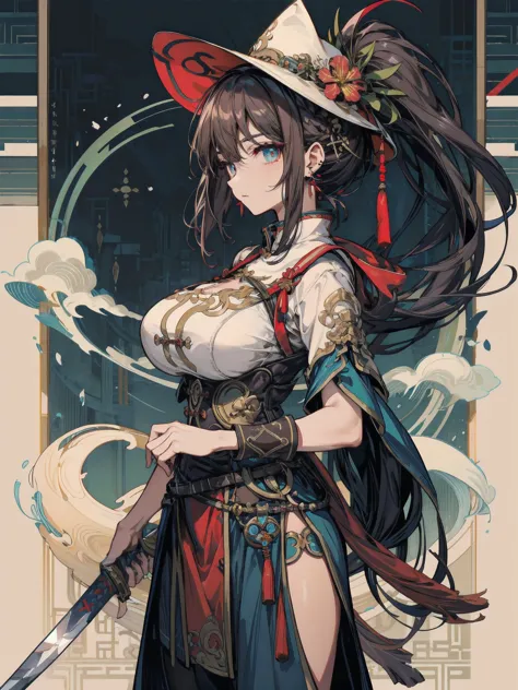 earring, huge breasts, narrow waist, short hair, wavy hair, hair behind ear, half updo, black hair, looking at viewer, cowboy shot, Chinese warrior with his holding a sword, bamboo hat, oriental,