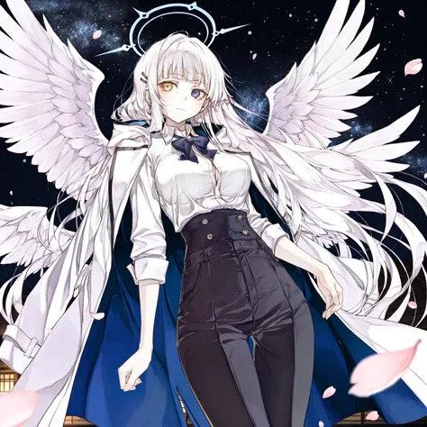 Her long hair was as white as the stars in the night, her two-colored eyes shone like there were endless dimensions, her clothes were clean and elegant, and her perfect attire gave off an uncontrollable sense of mystery and power. source_anime, Hitoimim, c...